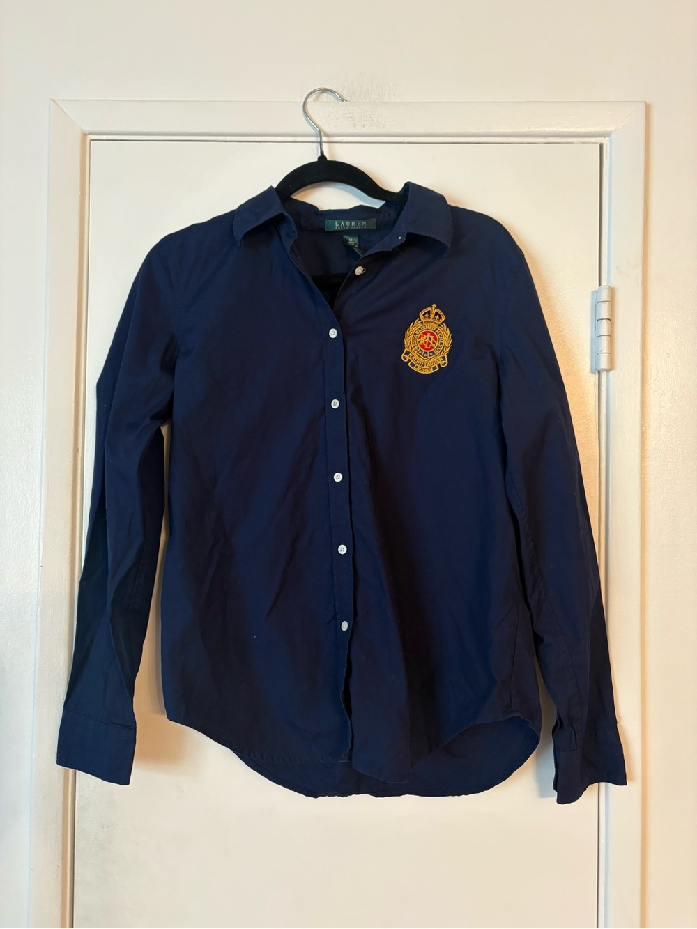 Lauren Ralph Lauren Navy Button-Down Shirt with Embroidered Crest Size M